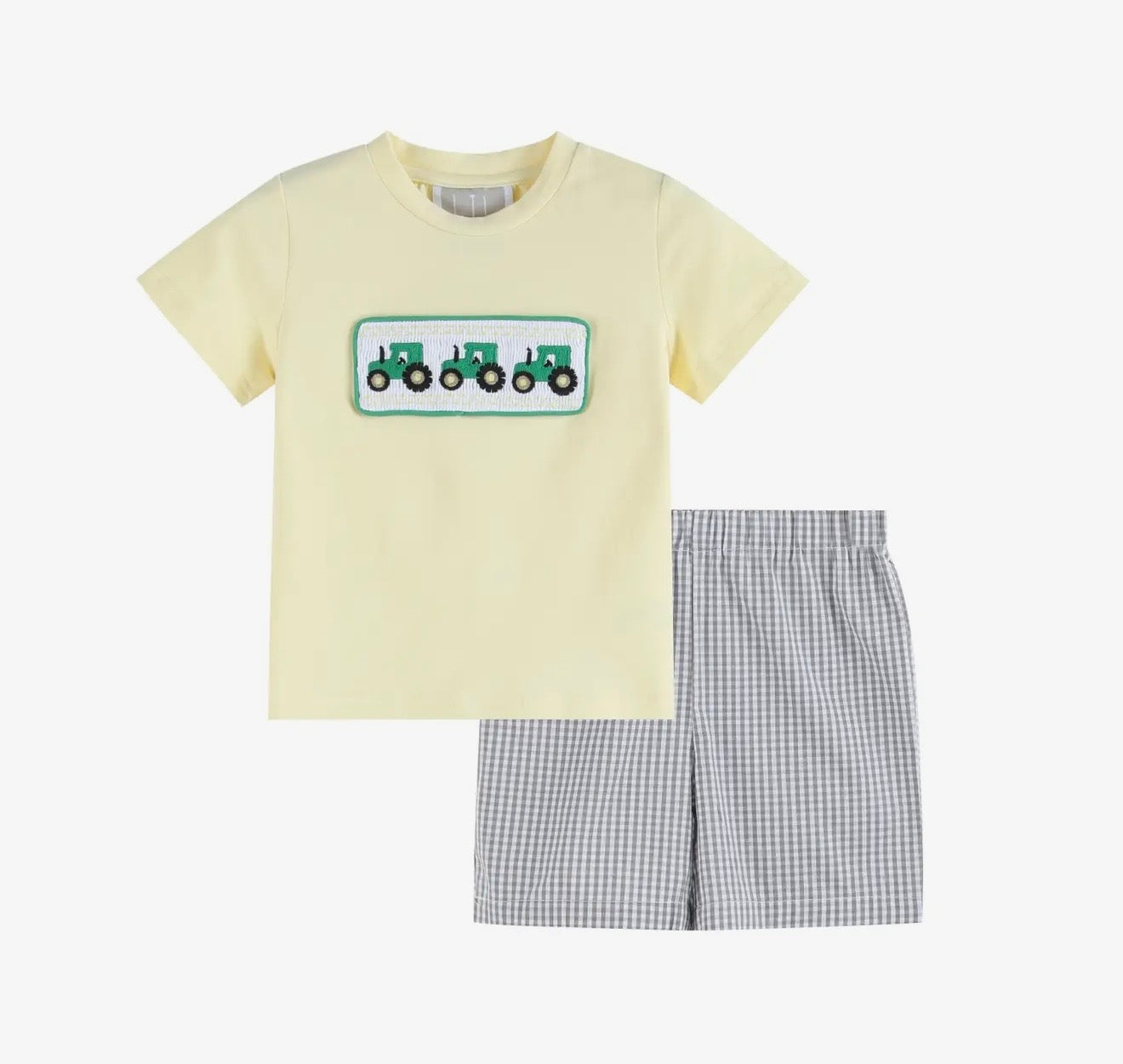 Green Tractor Smocked T-Shirt & Gray Gingham Shorts Set