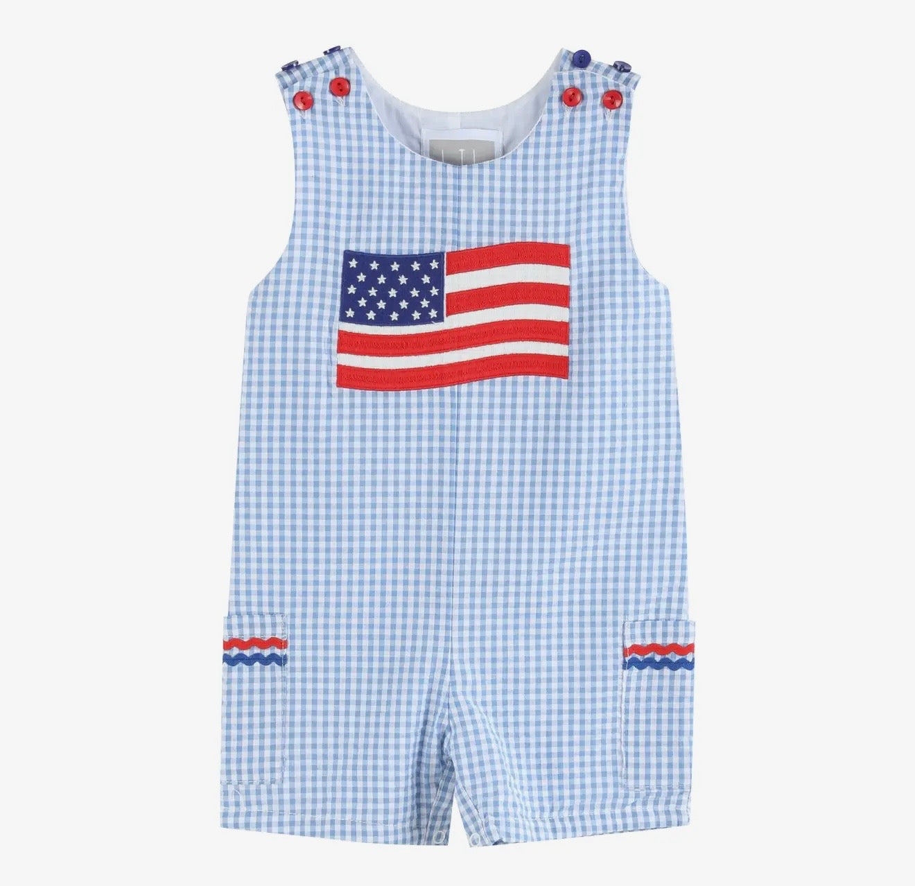 Blue Gingham American Flag Pocket Shortalls