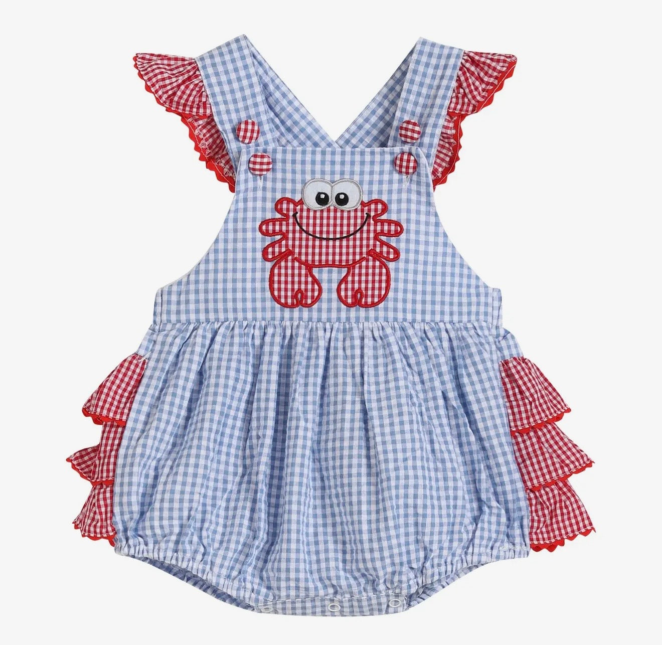 Blue Gingham Crab Ruffle Romper