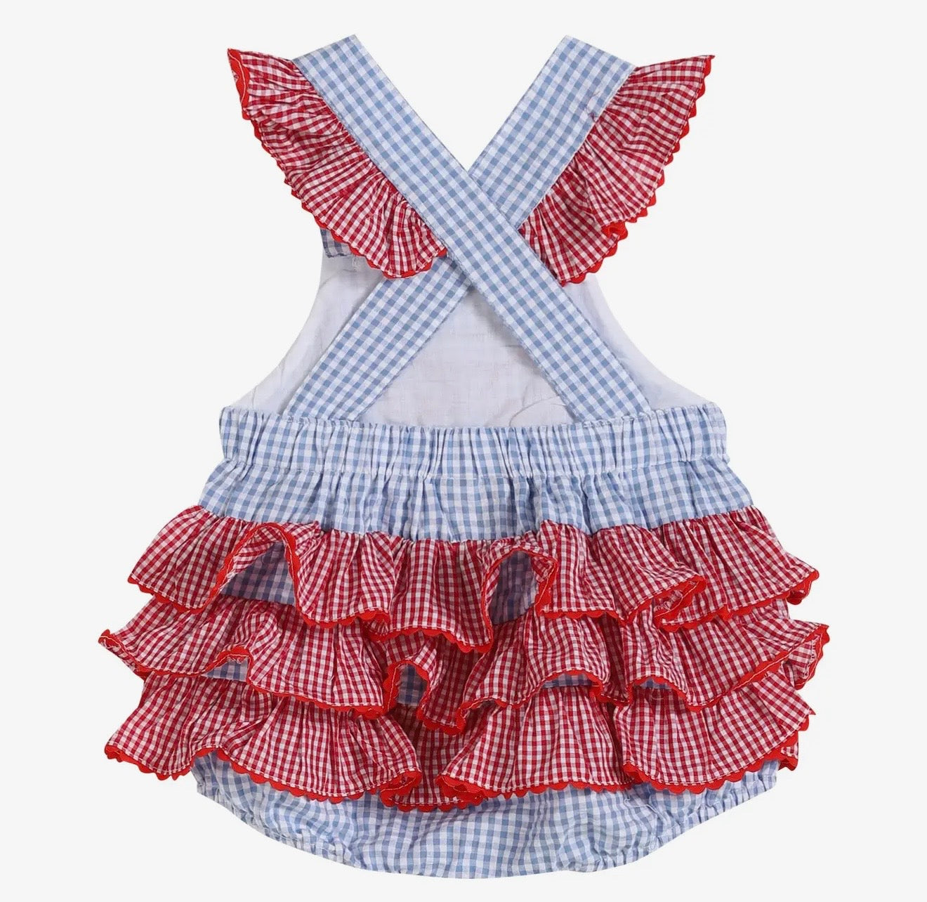 Blue Gingham Crab Ruffle Romper